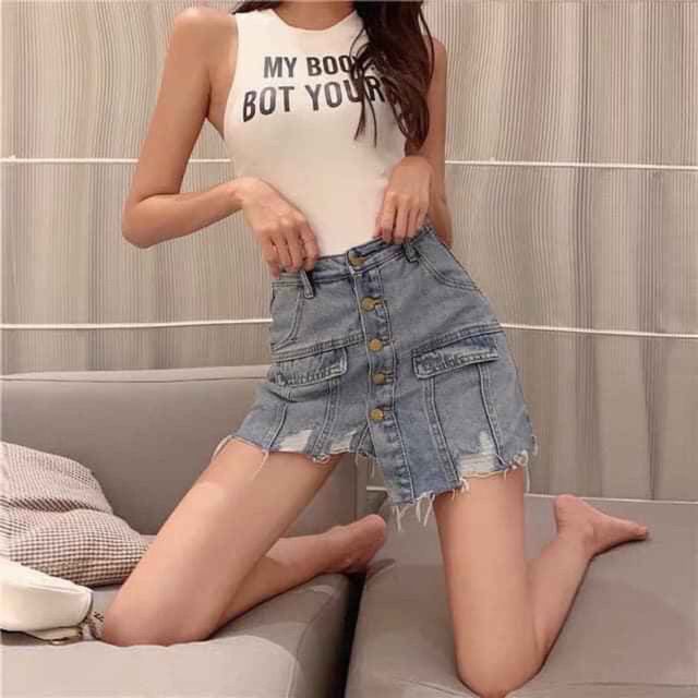 Quần bò giả váy ống lệch khuy