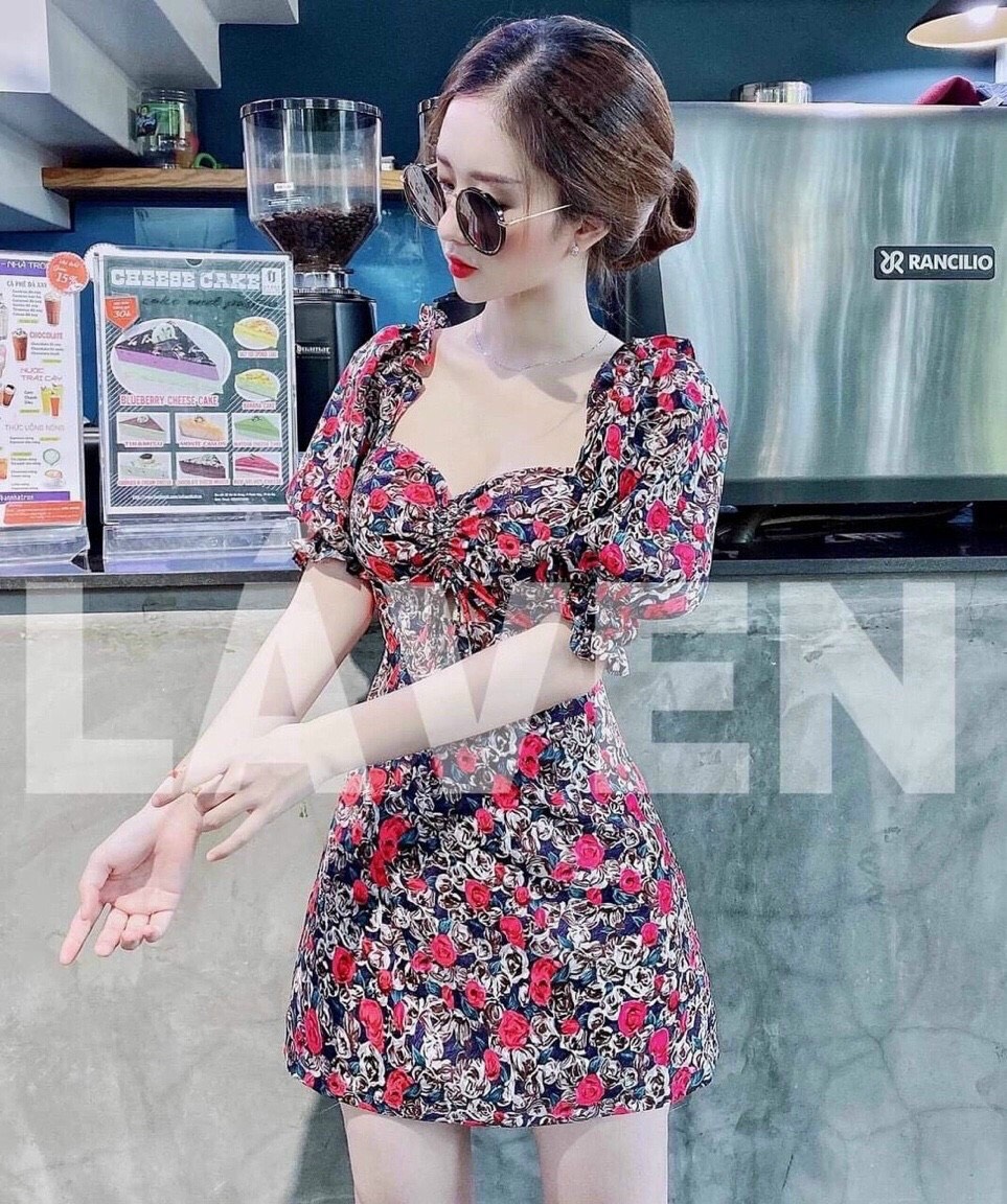 [HCM]Đầm hoa tay nhún có mút ngực hai màu ( màu hồng và màu vàng )
