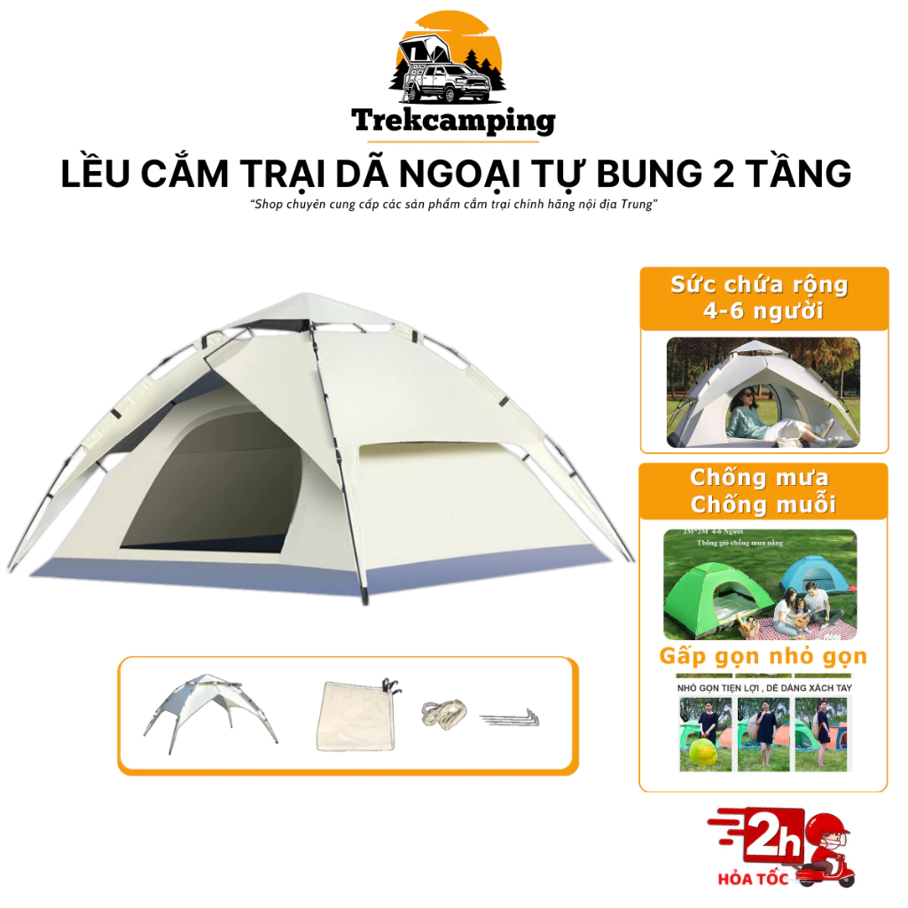 Lều cắm trại tự bung dã ngoại cho nhóm 4 đến 6 người chống mưa chống tia UV 2 cửa trước sau thông gió 2 chiều