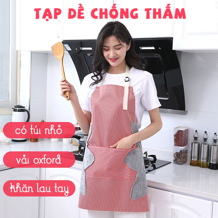 Tạp dề làm bếp kiểu sọc chống thấm có kèm khăn lau tay, có túi nhỏ, che chắn bảo vệ quần áo khỏi vết bẩn, vết nước, dễ giặt giũ, tạp dề nấu ăn dễ thương, tạp dề lau tay