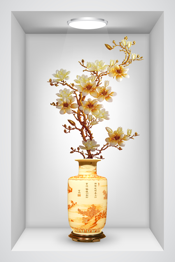 Tranh dán tường ô 3D lọ hoa đẹp nhiều mẫu 001 in PP kim sa nhiều kích thước