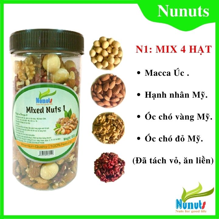 Mixed nuts số 1- mix hạt dinh dưỡng gồm 4 loại hạt đã tách vỏ (hạt óc chó vàng, hạt óc chó đỏ, hạt hạnh nhân, hạt mắc ca) Nunuts. Ăn vặt mẹ bầu, tốt cho thai nhi