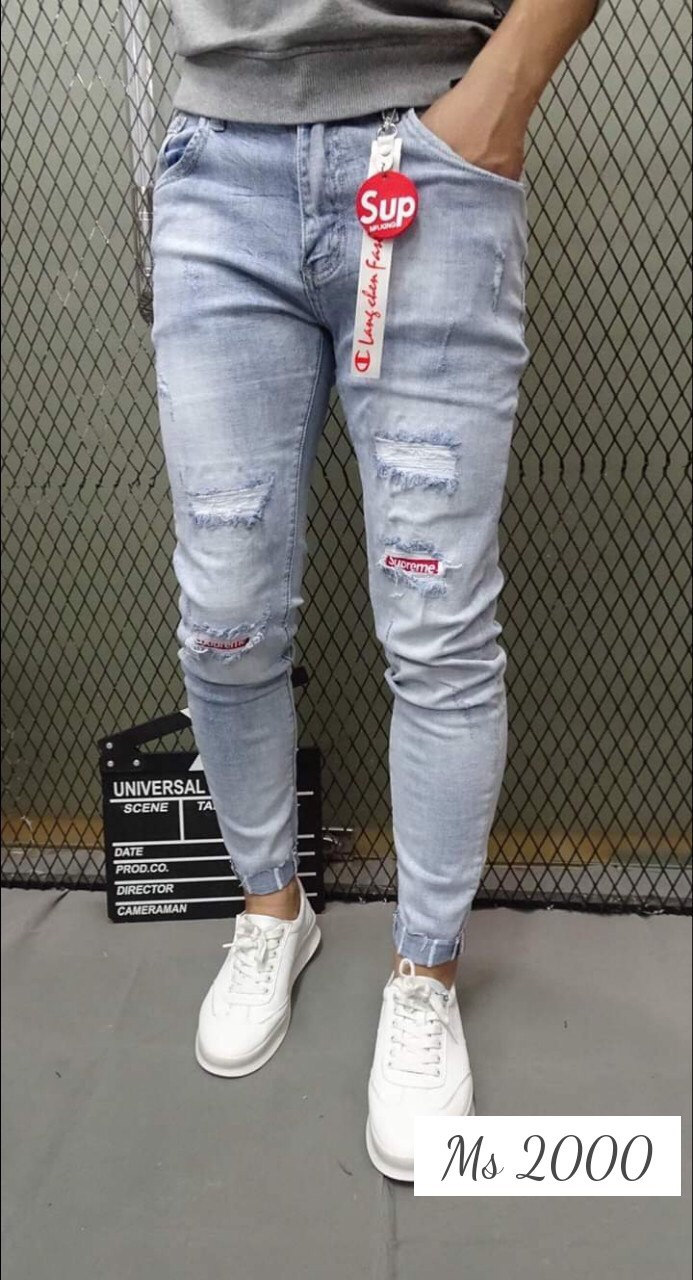[HCM]quần jean nam trắng xanh (VIDEO) mẫu mới phối wash rách xước sành điệu ms 2000 violetfashion