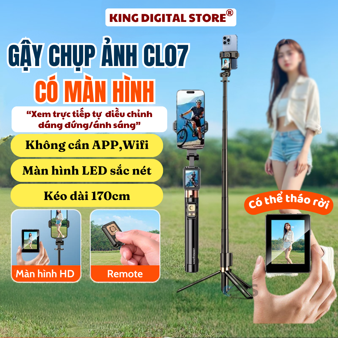 Tripod Điện Thoại Gậy Selfie CÓ MÀN HÌNH  Xem Trực Tiếp Hình Ảnh Cao Cấp CL07, Gậy Chụp Ảnh 3 Chân Giá Đỡ Điện Thoại Có Điều Khiển Từ Xa Bluetooth 5.0,Vlog, Du Lịch, Tiktok