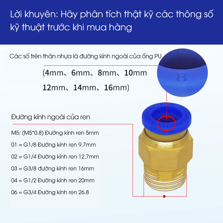 5 Đầu nối hơi khí nén nhanh PC12-01, PC12-02, PC12-03 PC12-04 - Dây hơi đường kính 10mm ( 5 sản phẩm)