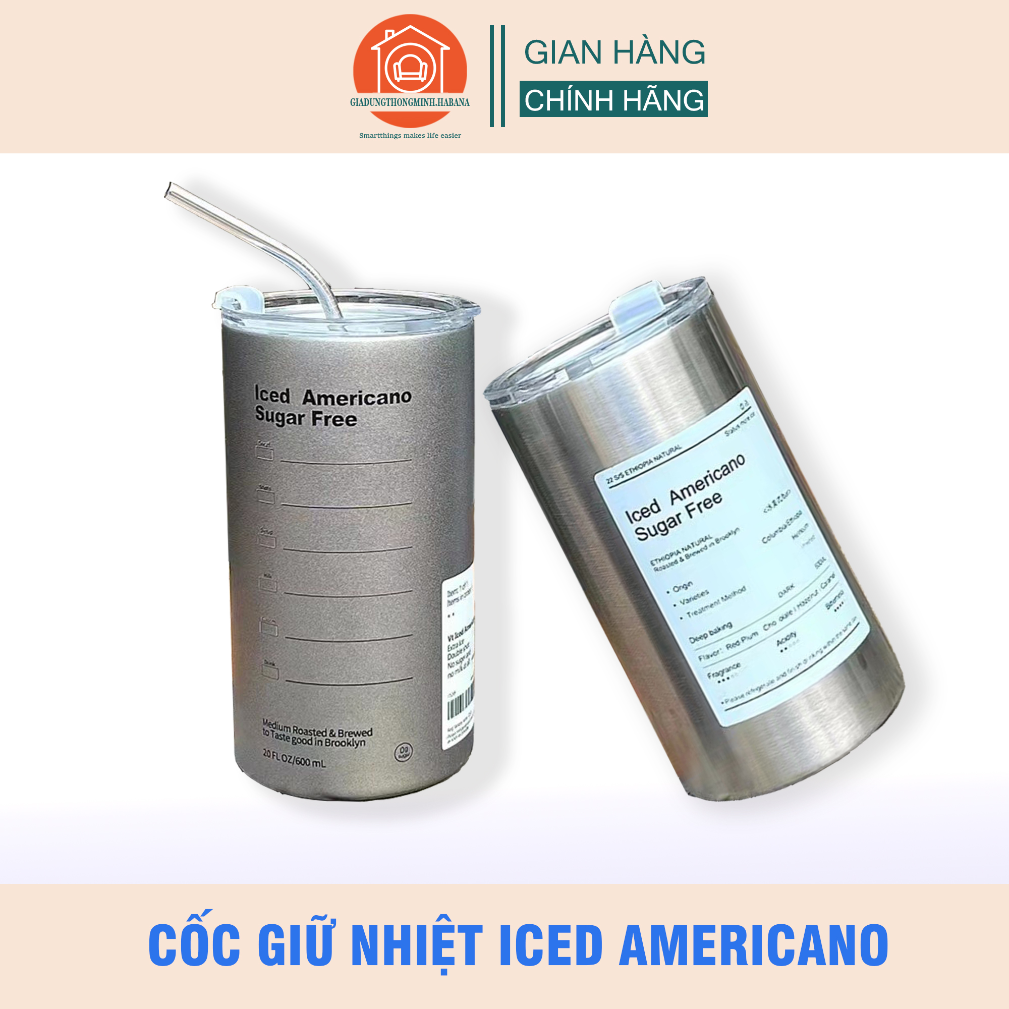 Ly giữ nhiệt Iced Americano cao cấp  dung tích 600ml làm bằng inox 304, có ống hút