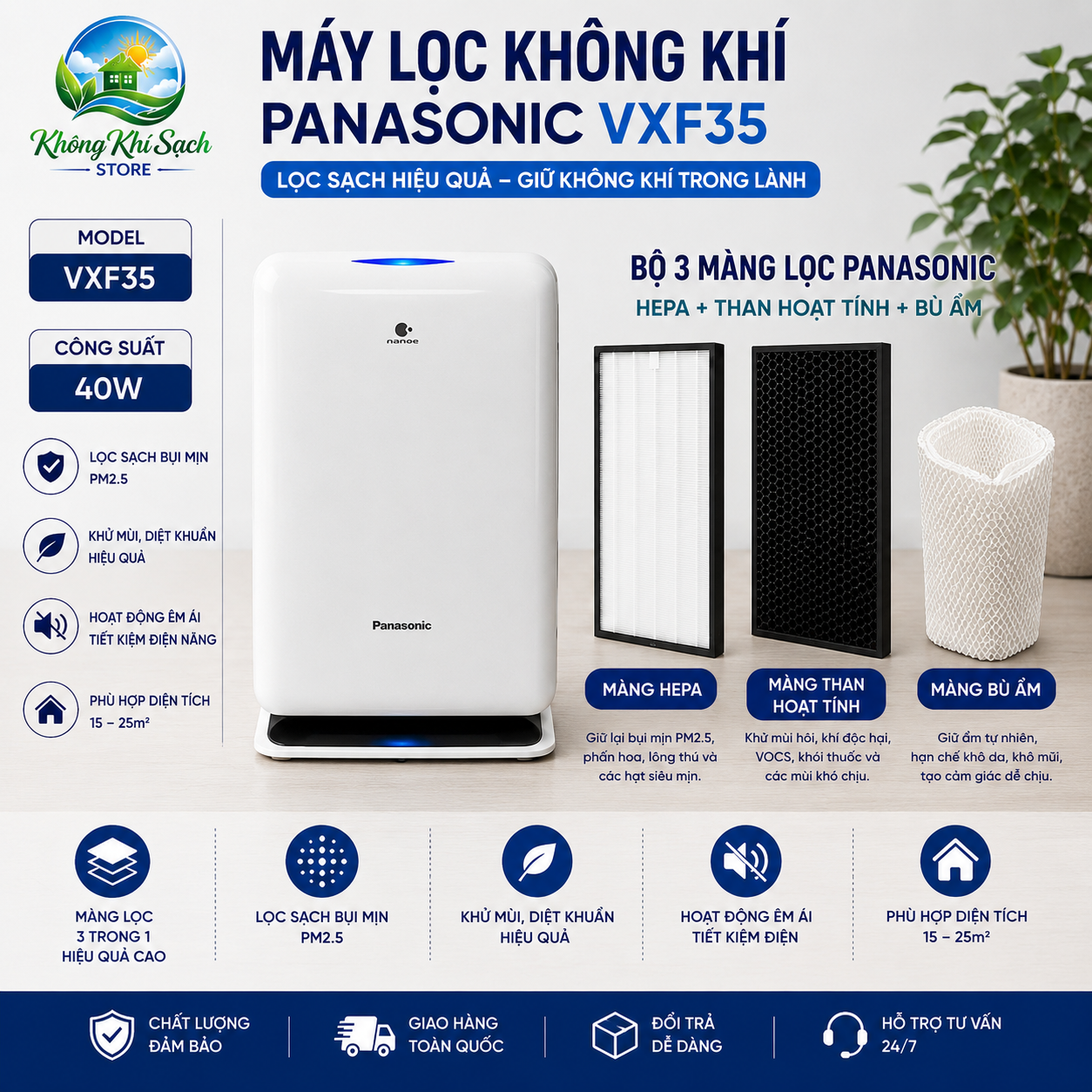 Máy Lọc Không Khí Panasonic F-VXF35 Nội Địa Nhật | Nanoe Tạo Ẩm | Hình Thức Đẹp 95%