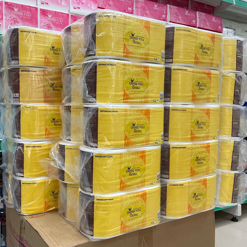 Thùng 10 lốc giấy vệ sinh cao cấp 3 lớp bless you lamour vàng , lốc 10 cuộn