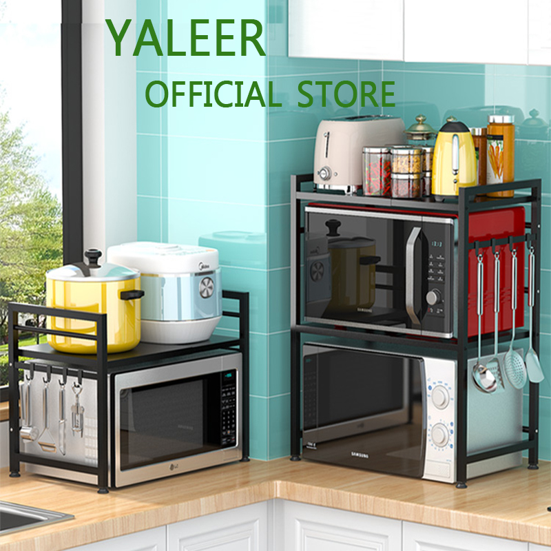Giá Lò Vi Sóng YALEER Kệ Lò Vi Sóng Có Thể Điều Chỉnh Chiều Cao Và Mở Rộng Kệ Và Kệ Để Bếp 2 Tầng Với 3 Móc Thép Cacbon Trọng Lượng 55Lbs Màu Đen Mờ