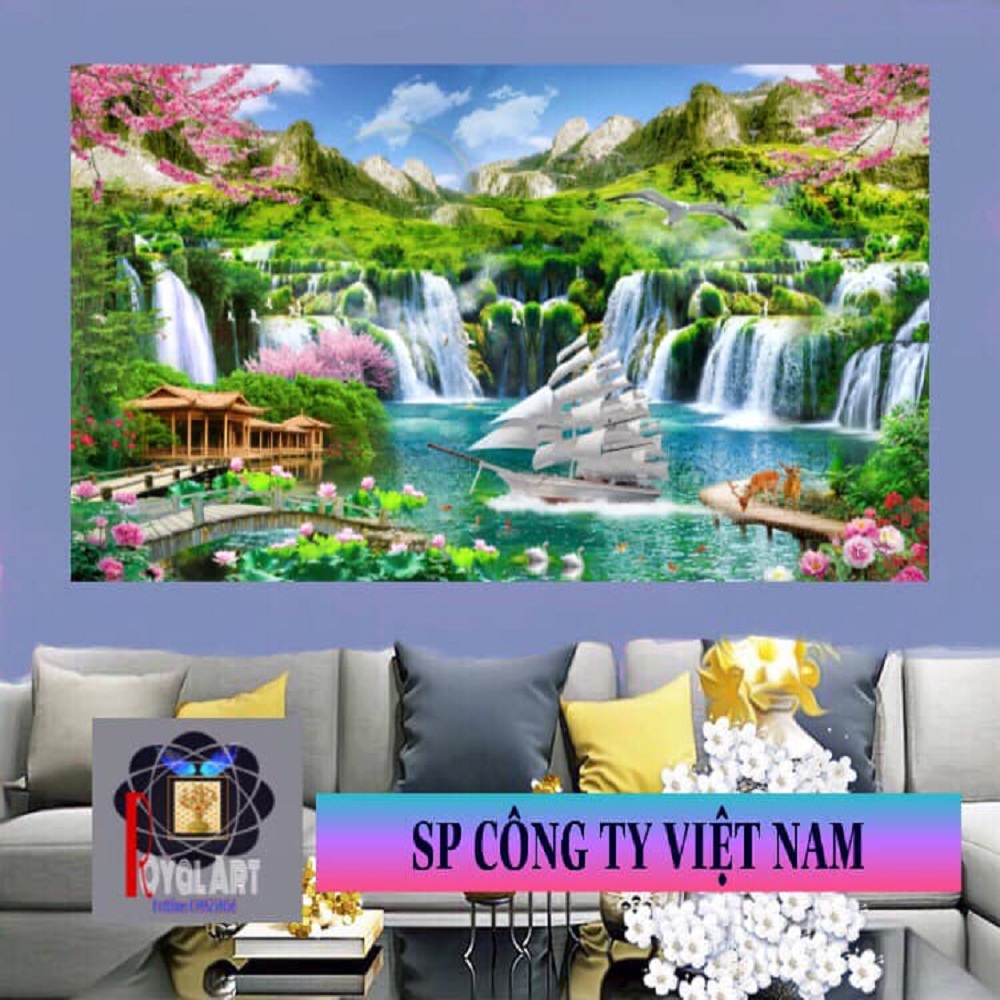 TRANH DÁN TƯỜNG VẢI LỤA 3DTHÁC NƯỚC PHONG THỦY. CAO 67CM NGANG 94CM. TẶNG KEO DÁN TRANH CHUYÊN DỤNG- Royal Art Shop