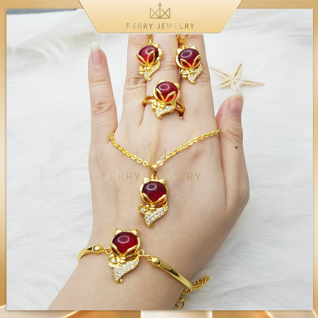  Bộ Hồ Ly 4 Món Dây Chuyền Bông Tai Lắc Tay Nhẫn Sét Trang Sức Đá Xanh Đá Đỏ Vòng Cổ Dây Xích 