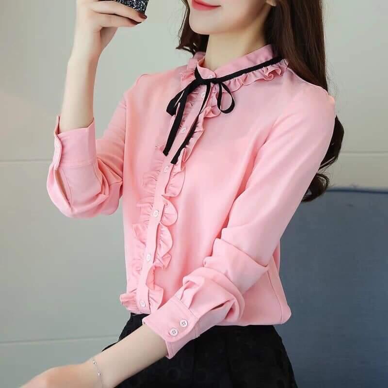[HCM]Áo sơ mi YSUN kiểu dây cột phối bèo nhí NX095.1 ( Trắng Hồng Vàng Đen)