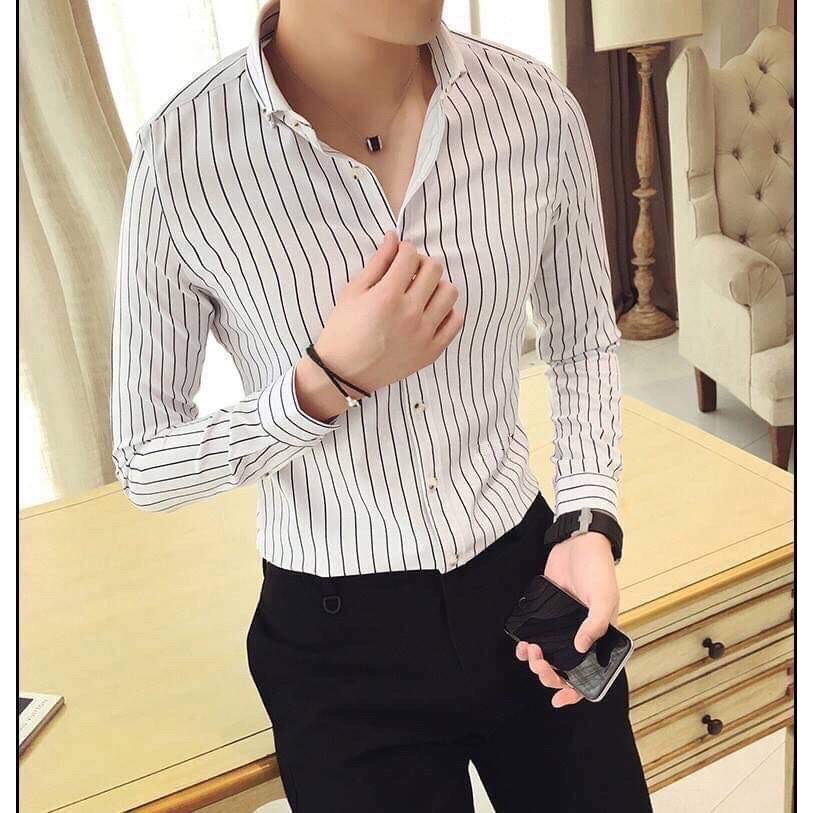 Áo sơ mi nam kẻ sọc body vải lụa trơn mát chống nhăn kiểu dáng Hàn Quốc