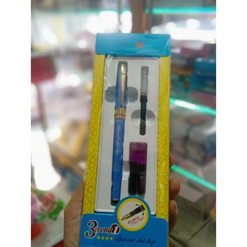 Bút máy sử dụng ống mực 3 trong 1 tp-ftc02 tặng kèm 10 ống mực- mực xanh và tím