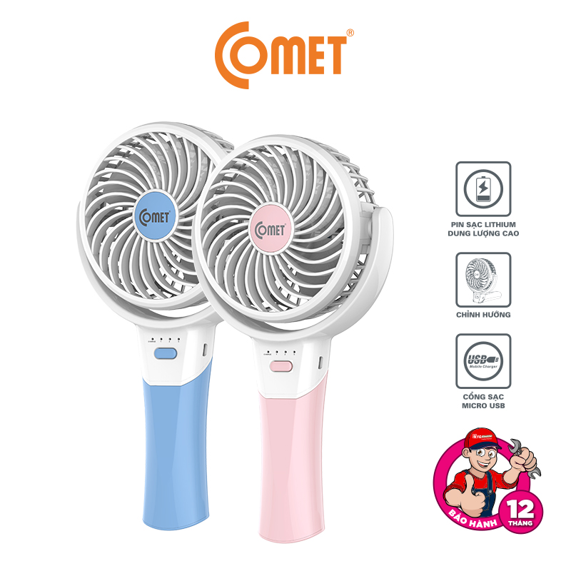 Quạt sạc Cầm Tay mini Comet CRF0904 thiết kế hiện đại nhỏ gọn đẹp mắt Cổng sạc USB pin Lithium 3 cấp độ gió