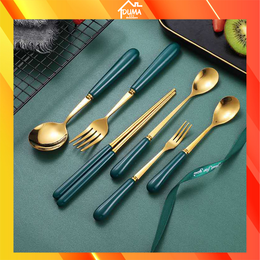 Bộ Đũa Thìa Dĩa inox mạ vàng cán sứ xanh cổ vịt TD02