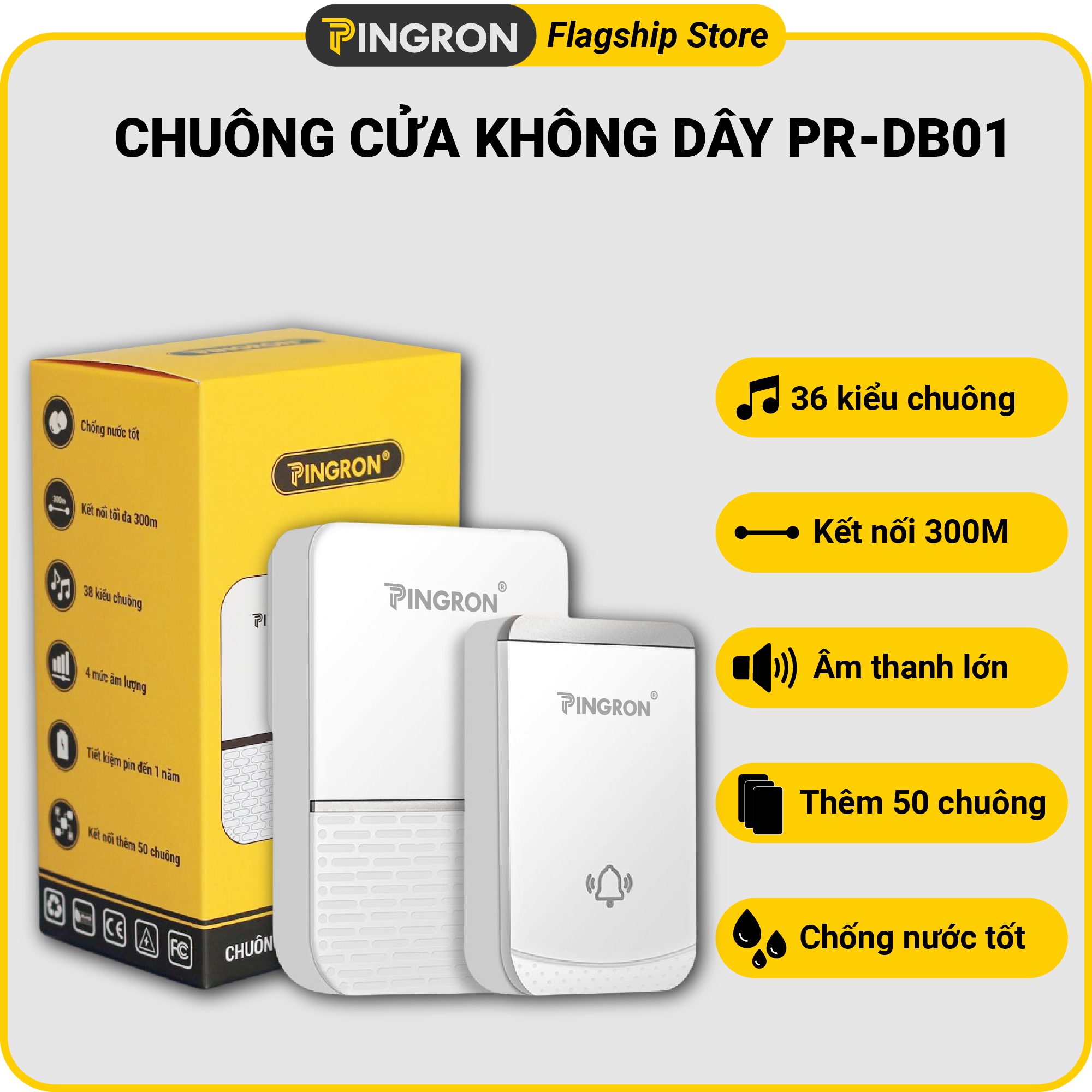 Chuông cửa không dây PINGRON PR-DB01 - Chống nước tốt, kết nối khoảng cách xa, âm thanh lớn, bảo hành 12 tháng