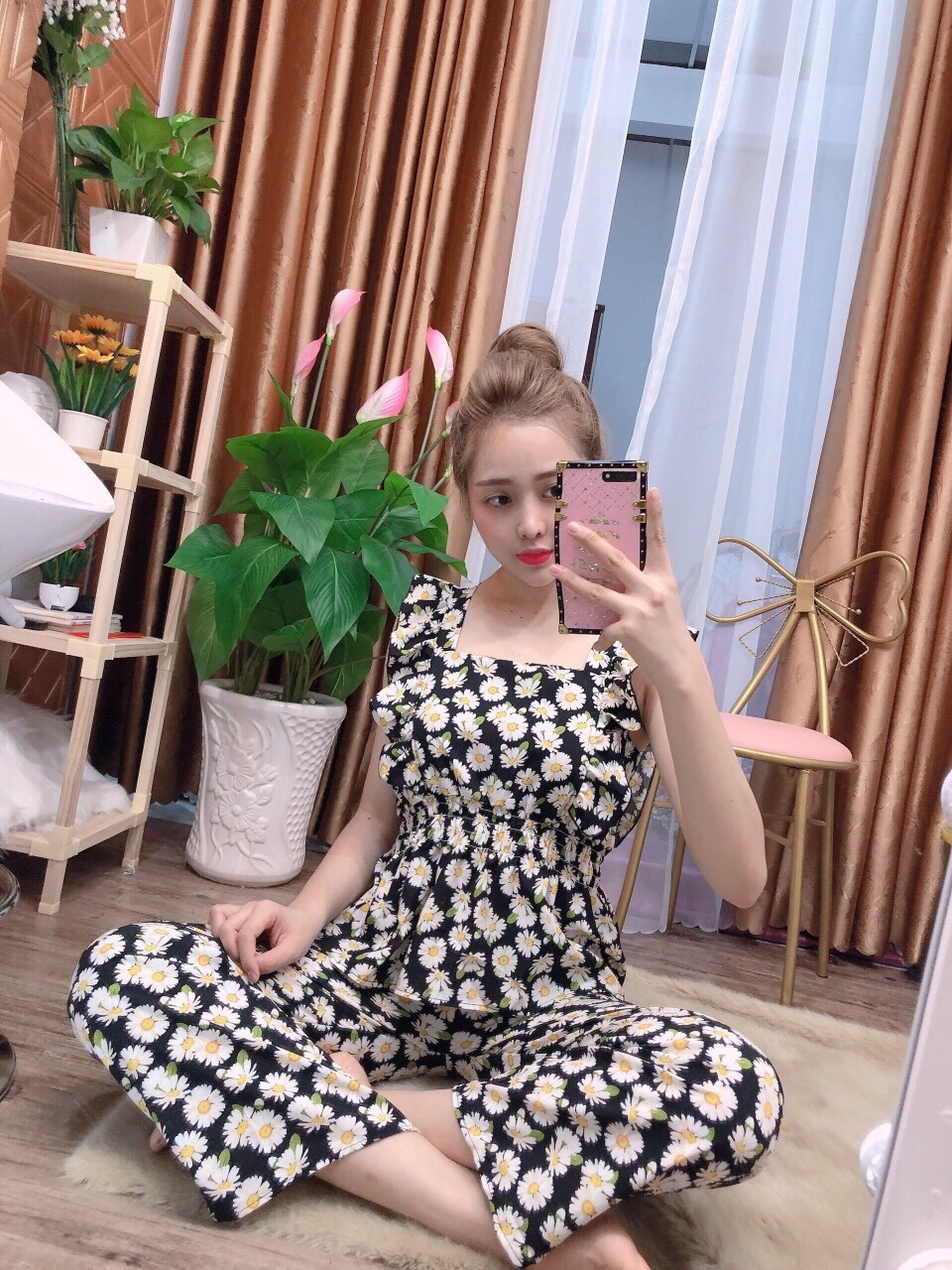 [HCM]Set bộ nữ áo cánh tiên bo eo cổ vuông quần dài ống rộng