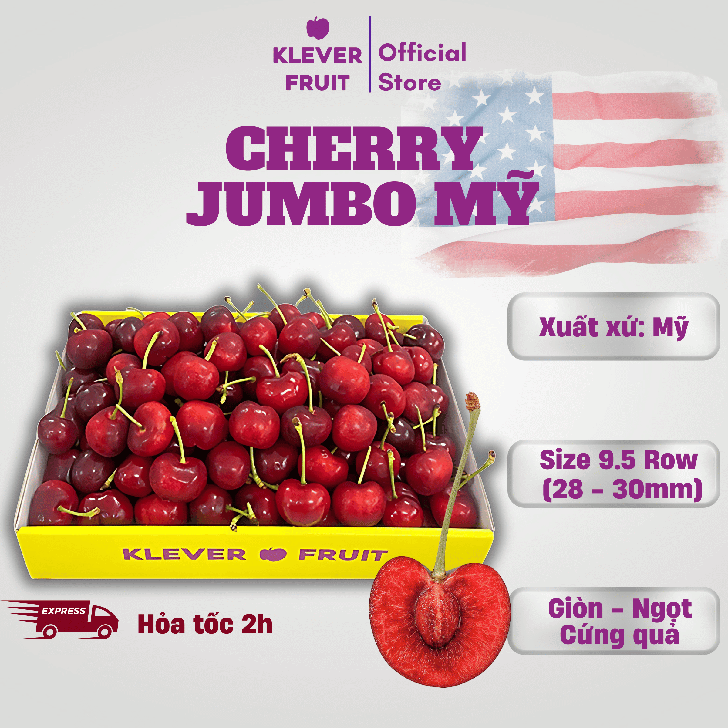 [FLASHSALE] Cherry Jumbo Mỹ Nhập Khẩu Chính Ngạch - USA Cherry Size 9.5 Row (28-30mm) - Klever Fruit - Cherry Giòn Ngọt Cứng Quả Tươi Ngon - Trái Cây Nhập Khẩu Cao Cấp