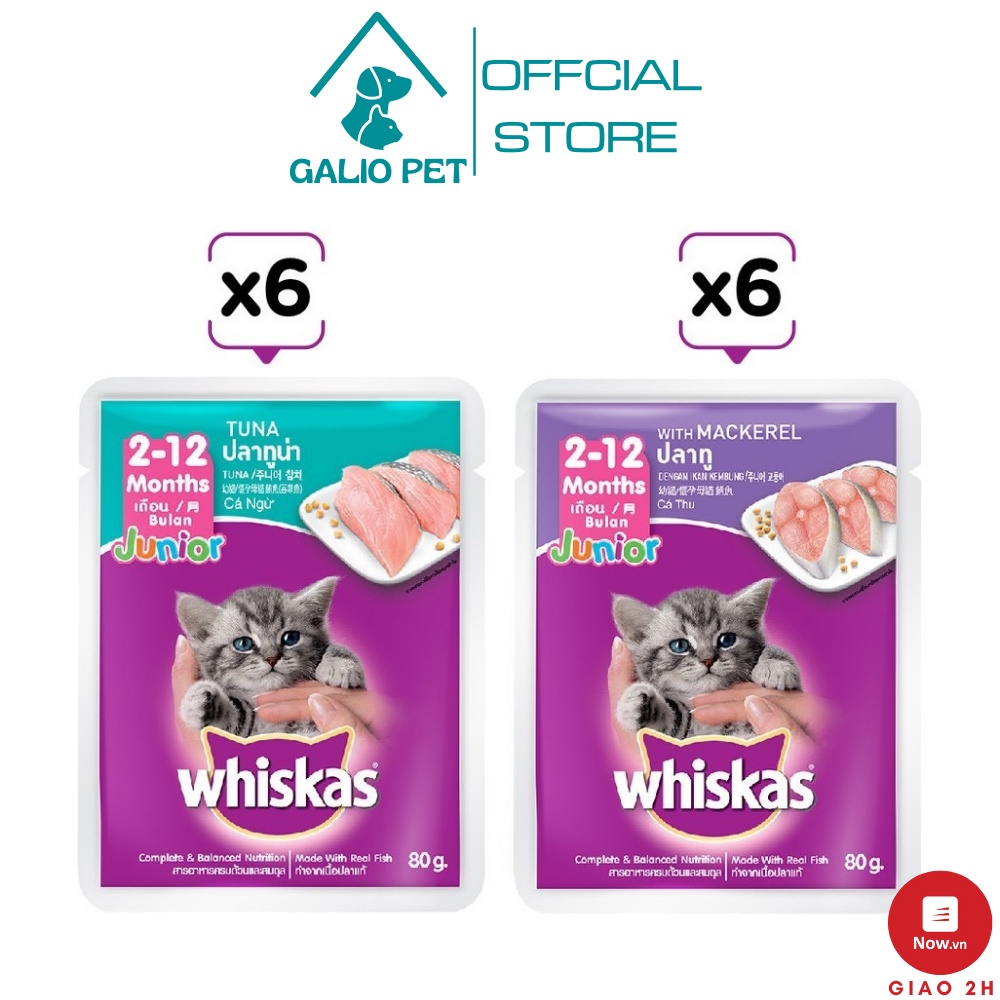 Combo 12 túi pate whiskas® cho mèo con mix vị cá ngừ + cá thu túi 80g