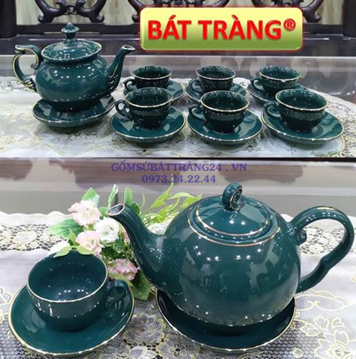 BỘ ẤM CHÉN UỐNG TRÀ ẤM TRÀ CAO CẤP BÁT TRÀNG ẤM TRÀ ĐẸP ẤM CHÉN MÀU XANH VIỀN VÀNG