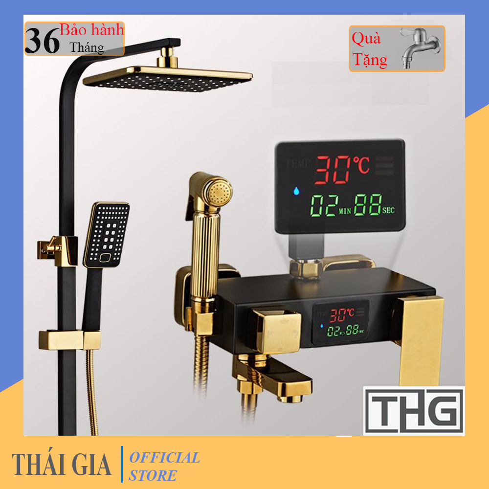 [𝐇𝐚̀𝐧𝐠 𝐂𝐚𝐨 𝐂𝐚̂́𝐩]Bộ sen cây tắm đứng nóng lạnh đồng mạ tĩnh điện Vàng Đen cao cấp kèm xịt vệ sinh + kệ để đồ tắm + màn hình led hiển thị nhiệt độ khi dùng (tặng vòi máy giặt)