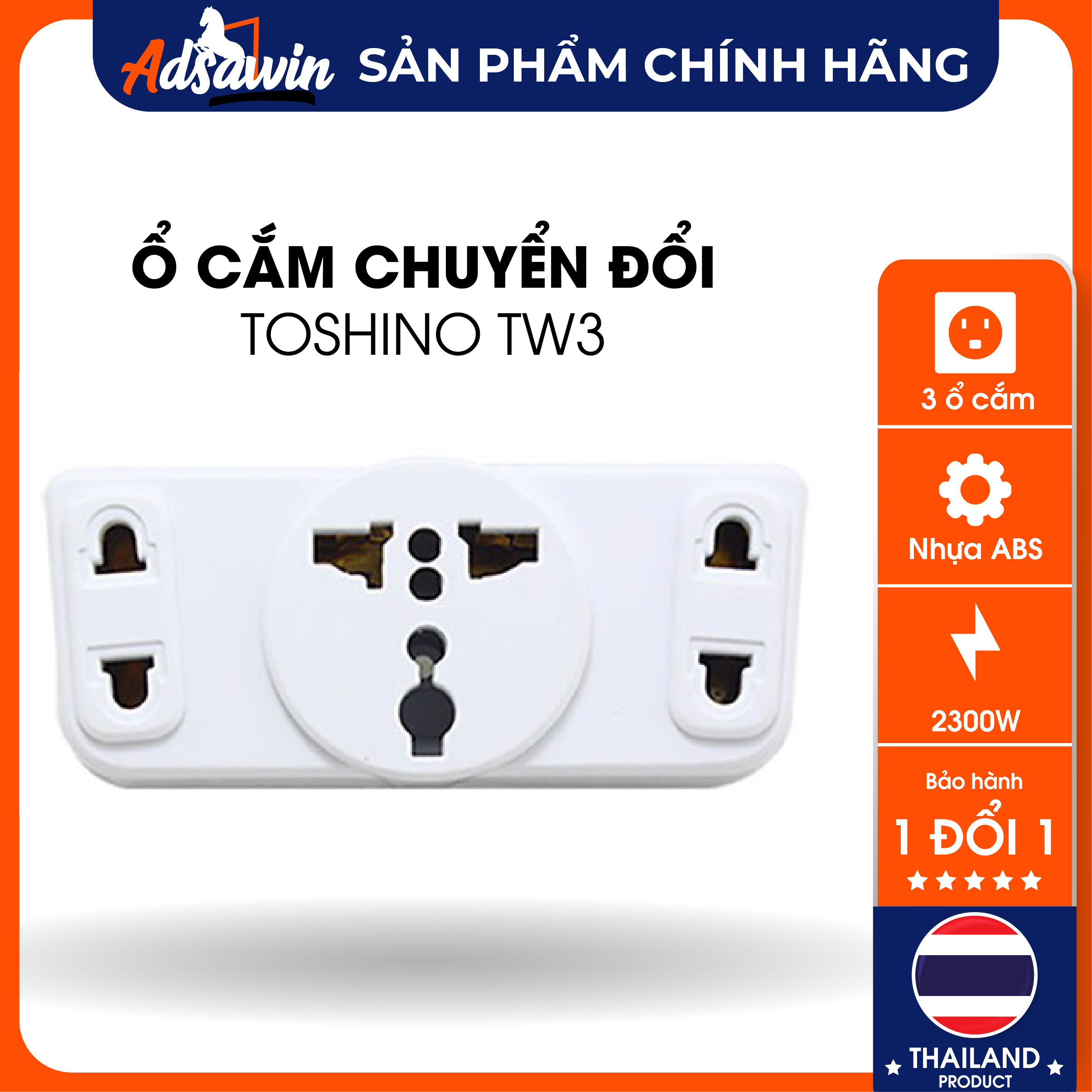 Ổ CẮM THÁI LAN ADSAWIN CHUYỂN ĐỔI CÁC LOẠI CHÂN VÀ CHIA 3 Ổ- TW3A