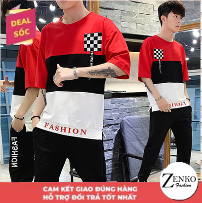 [ Mẫu Mới 2023 ] Bộ Quần Áo Thun Nam Ngắn Tay Cổ Tròn Họa Tiết Ô Vuông Caro Phối Màu Trẻ Trung Sành Điệu Zenko QA NAM 069
