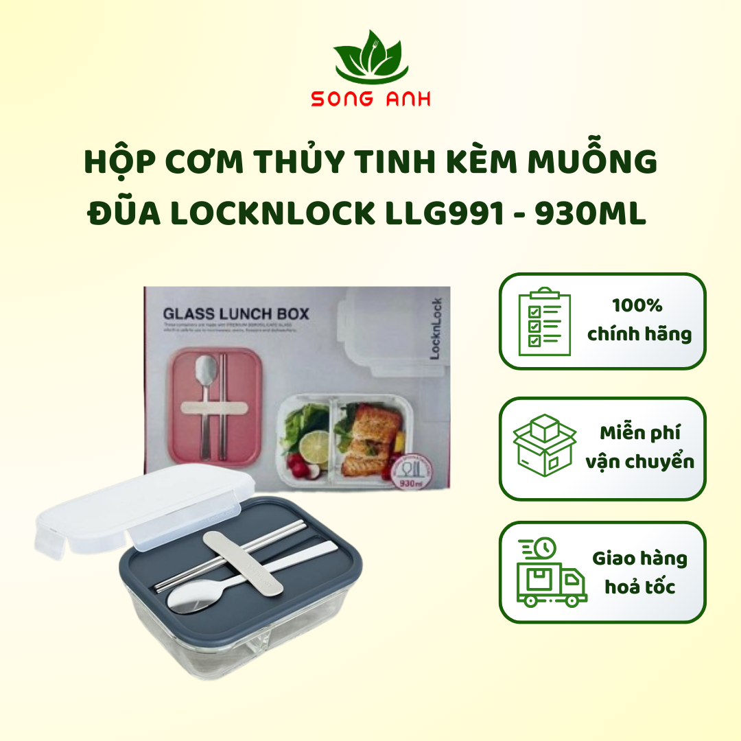 Hộp cơm thủy tinh chia 2 ngăn kèm muỗng đũa Lock&Lock LLG991 dung tích 930ml