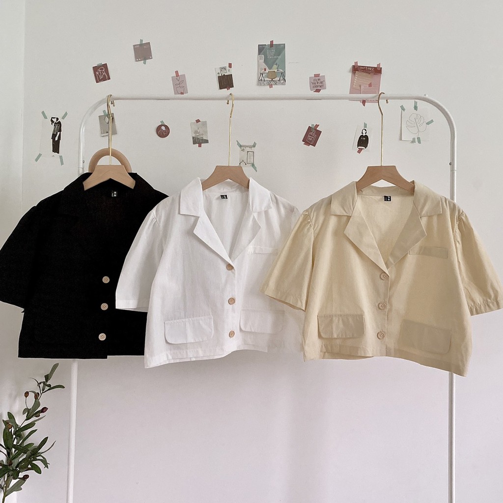 [HCM]Áo cổ vest croptop túi nắp giả mặc hai kiểu 3 màu trắng/đen/kem