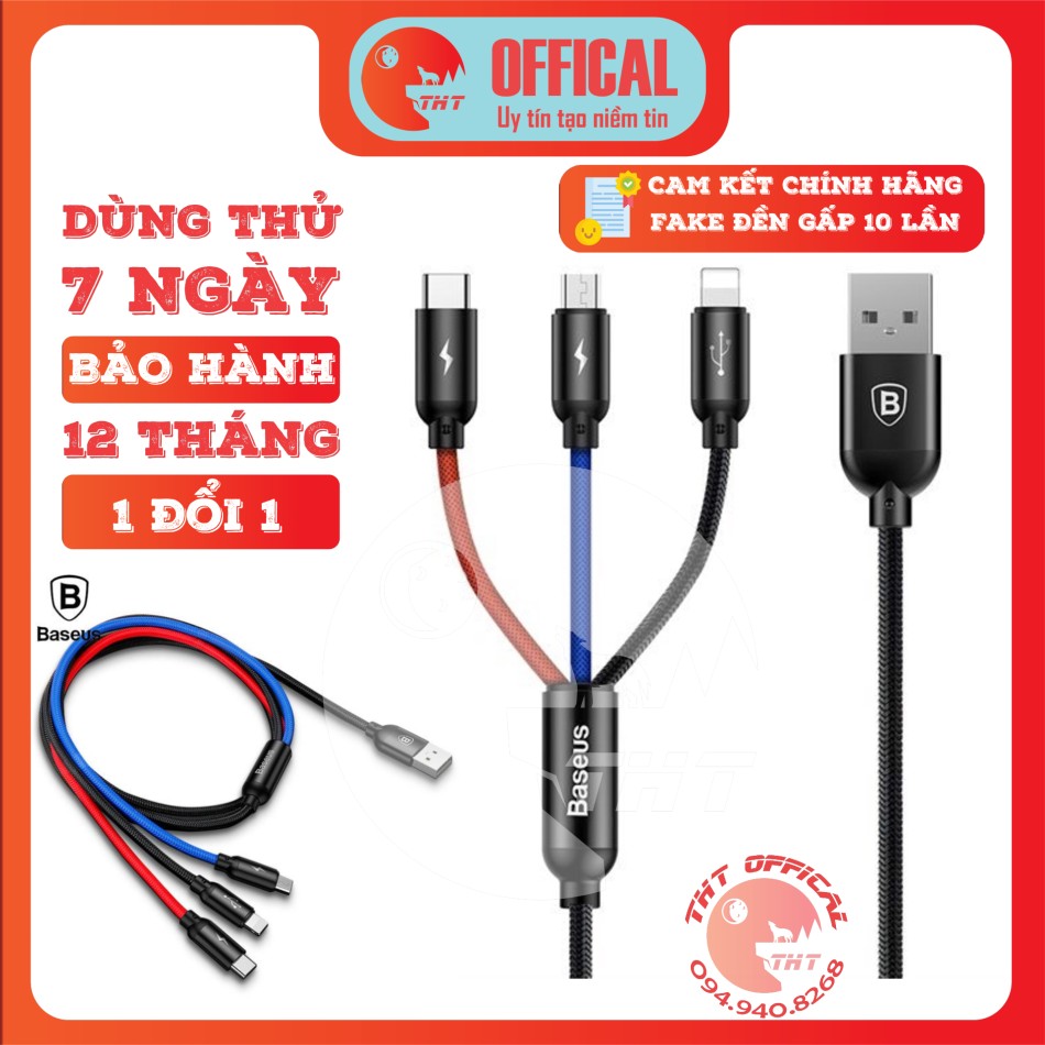 Cáp sạc 3 đầu basesus kevlar 3 trong 1 usb - lightning dành cho iphone xr x xs max - cáp sạc đa năng sạc nhanh đầu usb type c cho samsung s9 s10 xiaomi - đầu micro usb cho hầu hết điện thoại