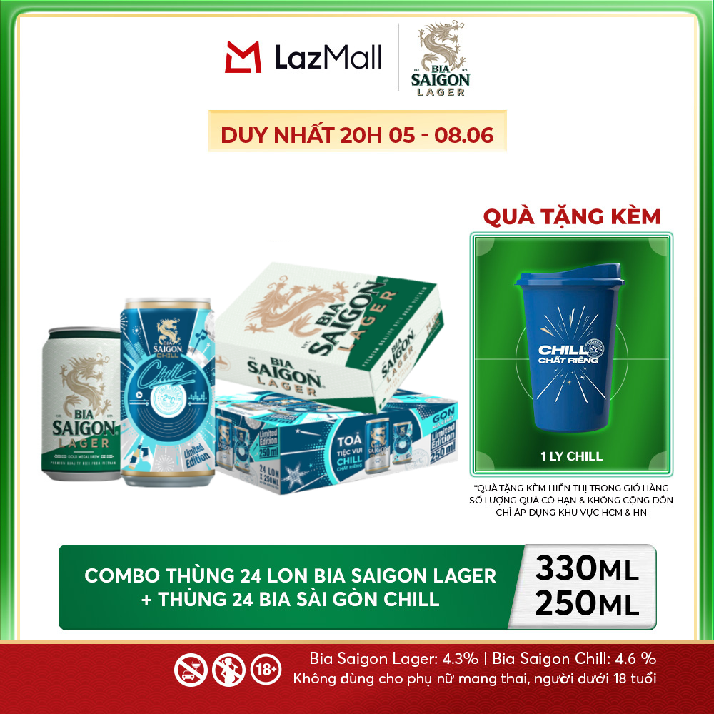 Nồng Độ Cồn 4.3% - Combo 1 Bia Saigon Lager 330ml + Nồng Độ Cồn 4.6% - 1 Bia Sài Gòn Chill 24 Lon 250ml