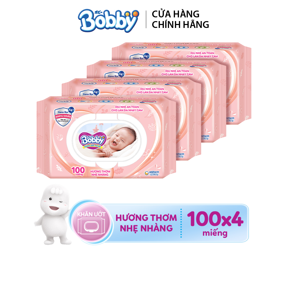 Combo 4 gói Khăn ướt trẻ em Bobby Care Hương thơm nhẹ nhàng - 100 tờ [Bao bì thay đổi theo từng đợt nhập hàng]