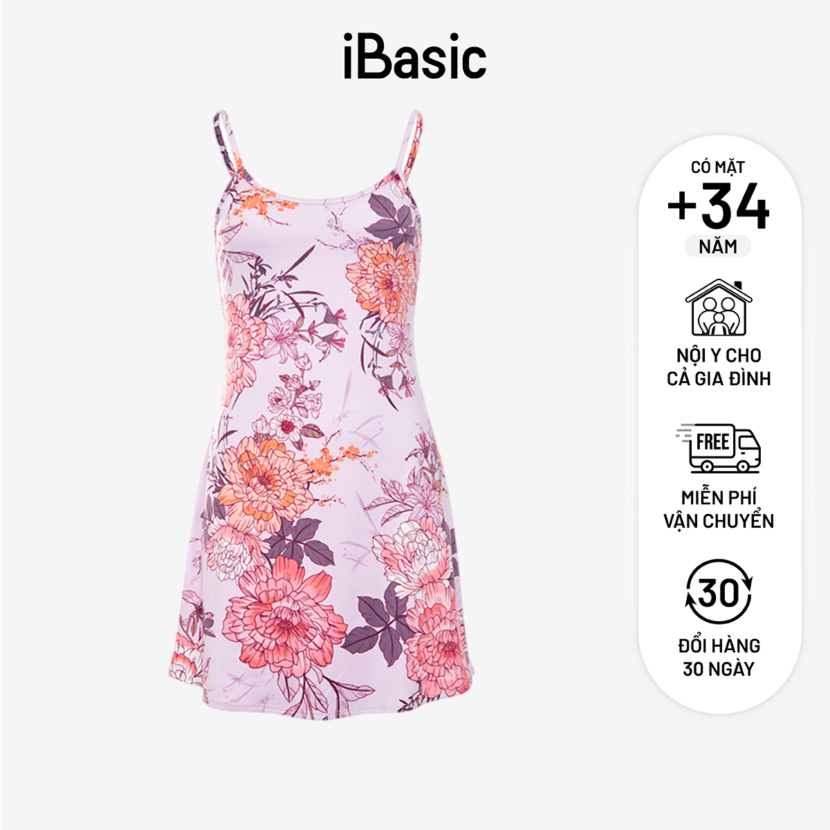 Đầm ngủ nữ thun 2 dây họa tiết hoa văn iBasic 7916-1