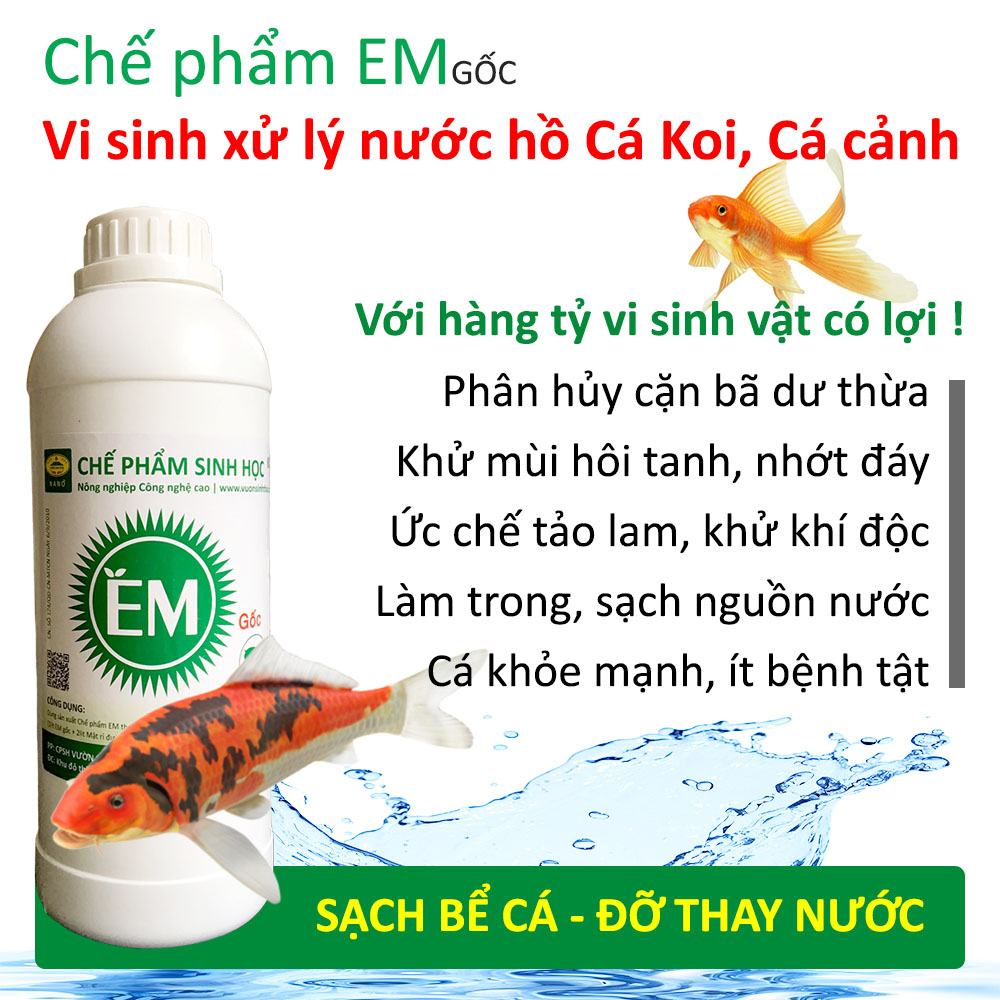 Chế phẩm sinh học EM gốc THỦY SẢN. Gây màu nước. Xử lý ao nuôi Cá, Tôm. Diệt vi sinh gây hại. Ức chế tảo lam, khí độc. Men Vi Sinh Đại Học Nông Nghiệp 1 Hà Nội. Từ 1 lít EM1 sản xuất ra 40 lít thứ cấp. HSD 2 năm