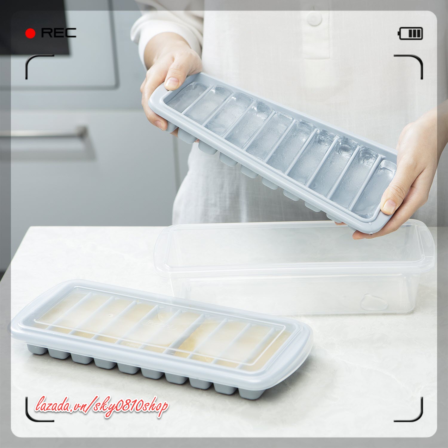 Khay làm đá thanh Inochi 10 viên (có hộp và nắp đậy)
