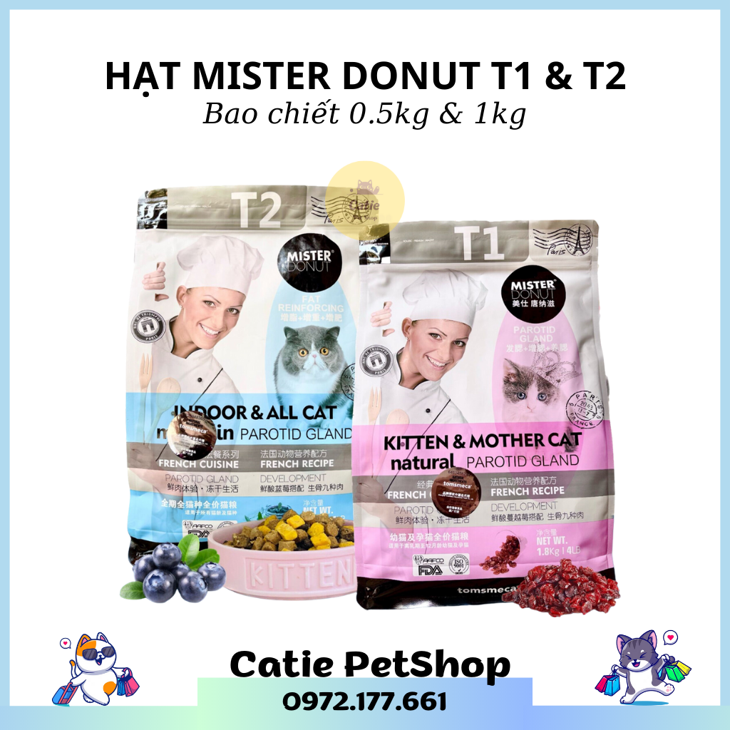 Hạt cho mèo, hạt mister donut t1 và t2 dành cho mèo trưởng thành và mèo con - bao chiết 1kg - hạt siêu dưỡng chất