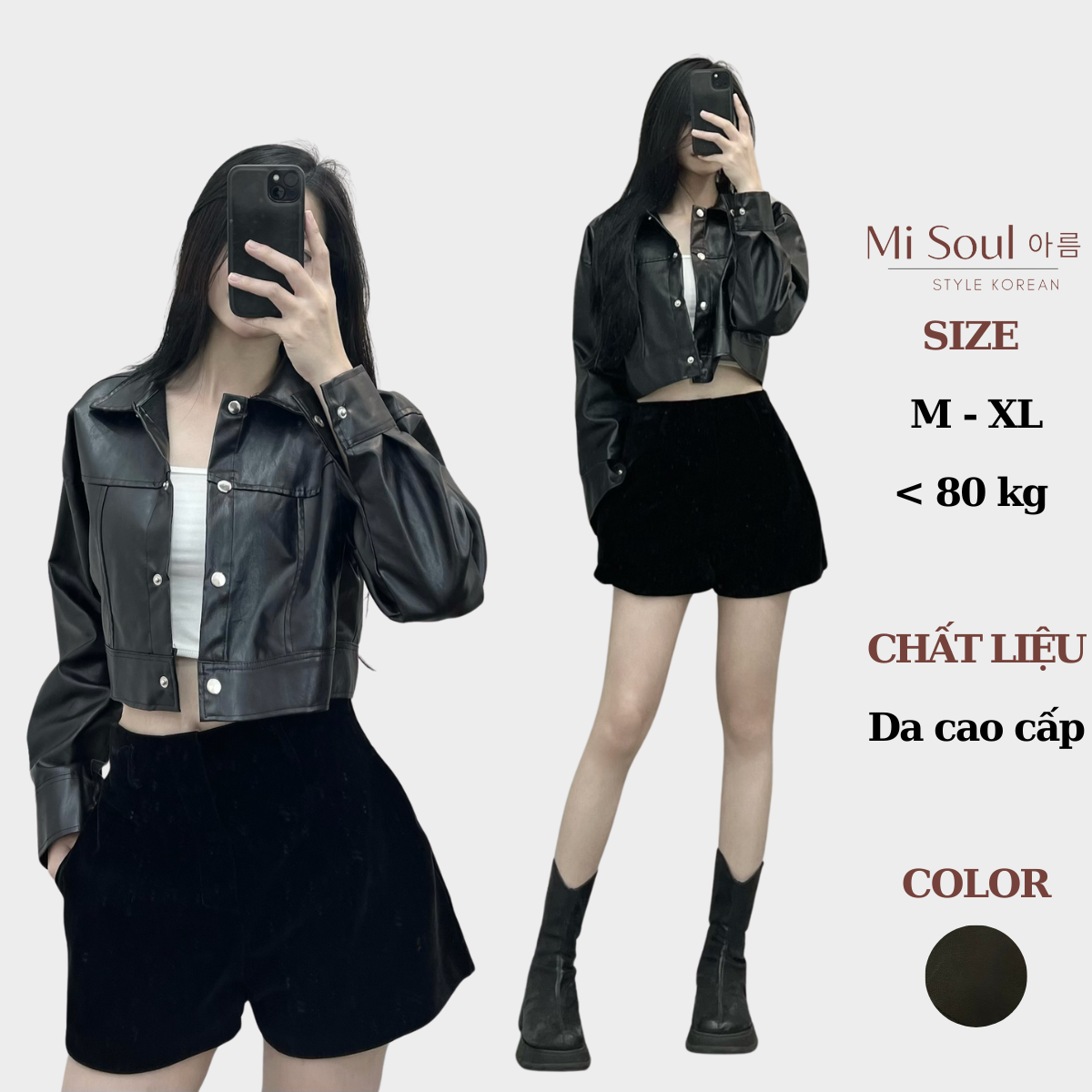 Áo khoác da croptop nữ dài tay misoul, áo khoác da cúc bấm 204