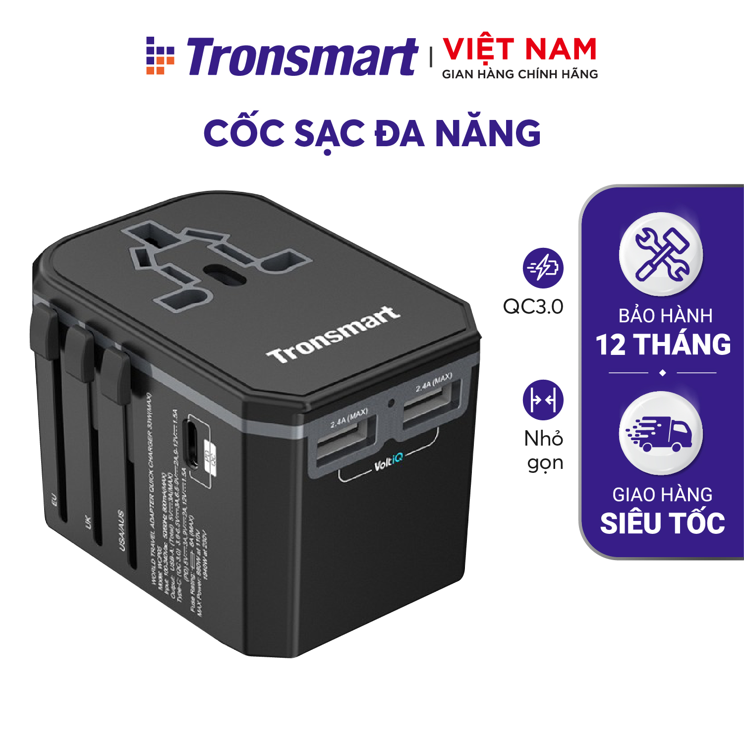 Cốc sạc (củ sạc) chuyển đổi đa năng 33W với sạc nhanh USB-C PD 3.0 cho điện thoại máy tính bảng Tronsmart WCP05 - Hàng phân phối chính hãng - Bảo hành 12 tháng
