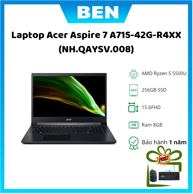 Laptop Acer Aspire 7 A715-42G-R4XX (NH.QAYSV.008)/ Đen/ AMD Ryzen 5 5500U (up to 4.0Ghz, 11MB)/ RAM 8GB/ 256GB SSD/ NVIDIA GTX 1650 4GD6/ 15.6inch FHD/ 3Cell/ Win 11SL/ 1Yr