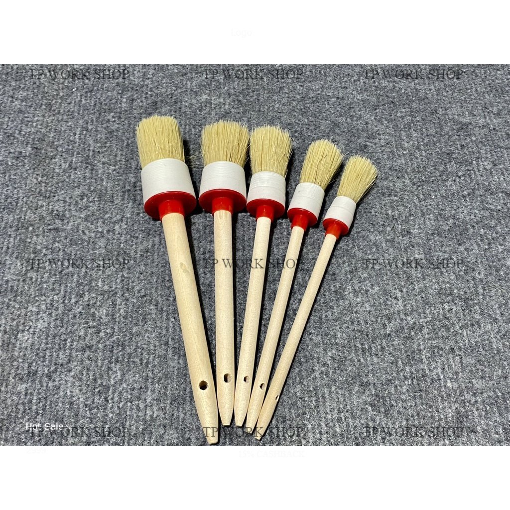 Bộ 5 cây cọ LÔNG HEO cán gỗ vệ sinh chi tiết dành cho oto xe máy rửa xe chi tiết