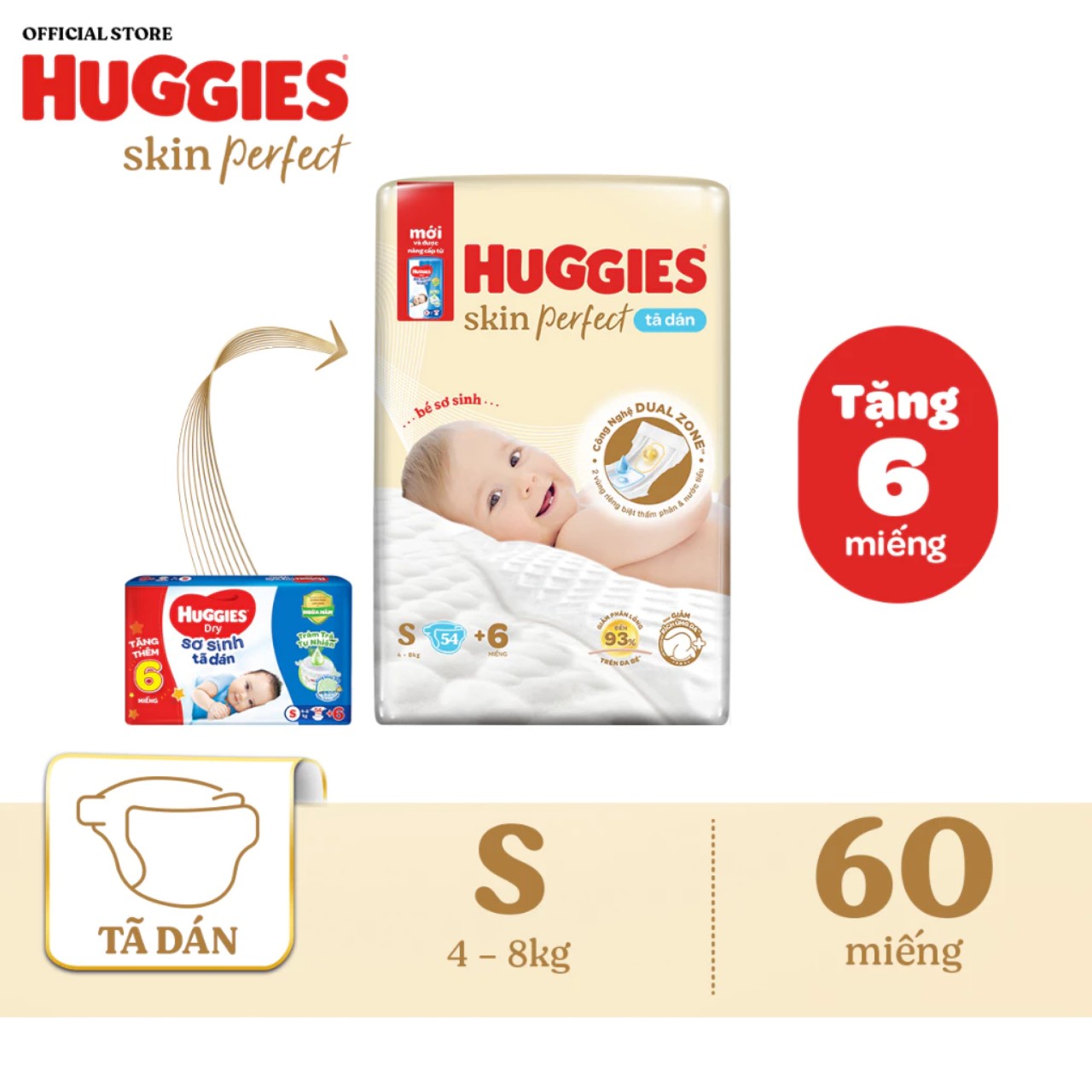 Tã dán sơ sinh Huggies Skin Perfect size S 54 miếng tặng 6 miếng mẫu nâng cấp từ tràm trà