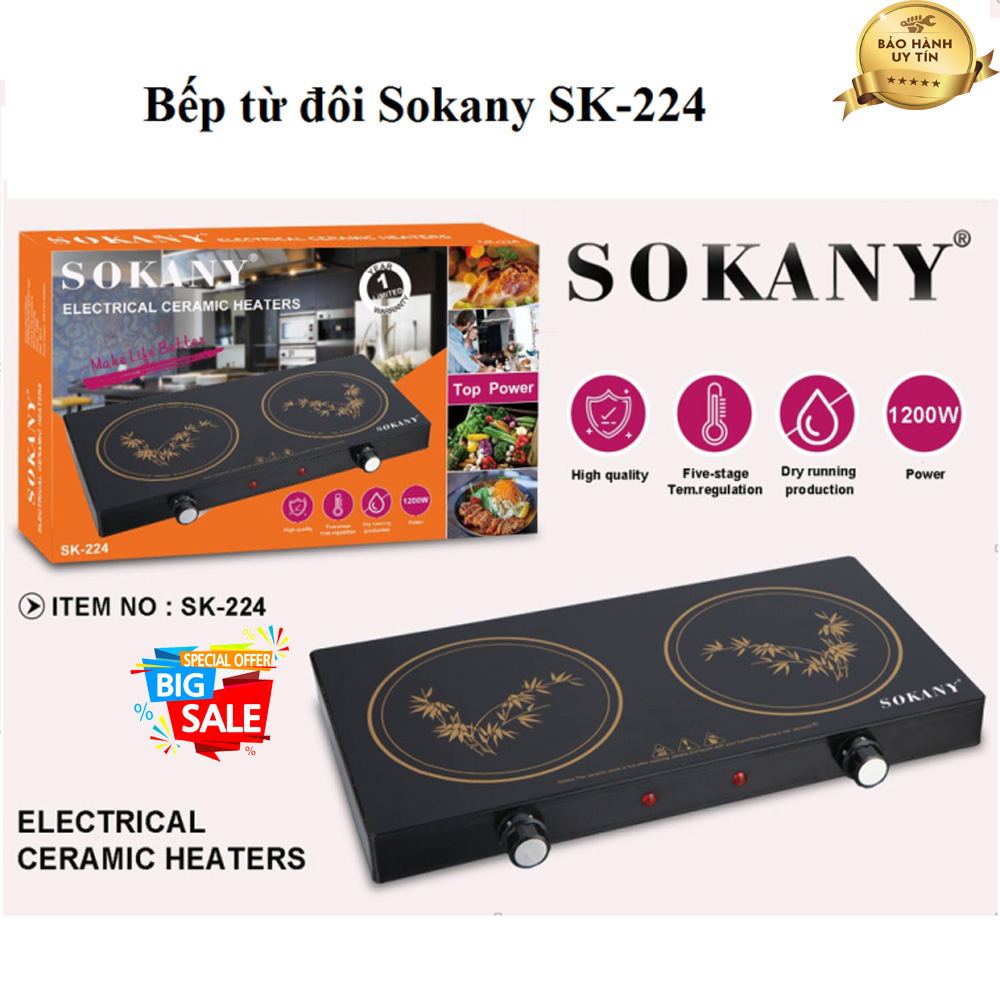 Bếp từ đôi sokany sk-224 công suất 1200w bếp không kén nồi chảo. bảo hành 6t