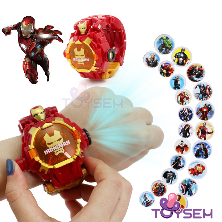 Đồng hồ biến hình robot chiếu tường siêu nhân cho bé, Đồ chơi đồng hồ đeo tay hình nhân vật hoạt hình avenger siêu anh hùng người nhện