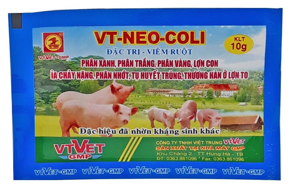 Combo 2 gói thú y VT-NEO-COLI (10g) Đặc tri - Viêm ruột Phân xanh, phân trắng, phân vàng, lợn con ỉa chảy nặng, phân nhớt, tụ huyết trùng, thương hàn ở lợn to.