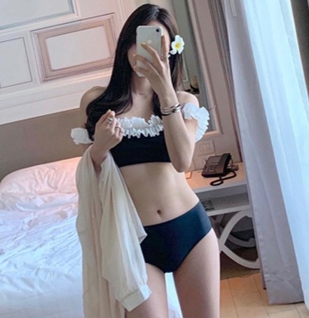 Bikini tam giác quần chíp đen, tankini áo tắm 2 mảnh phối bèo