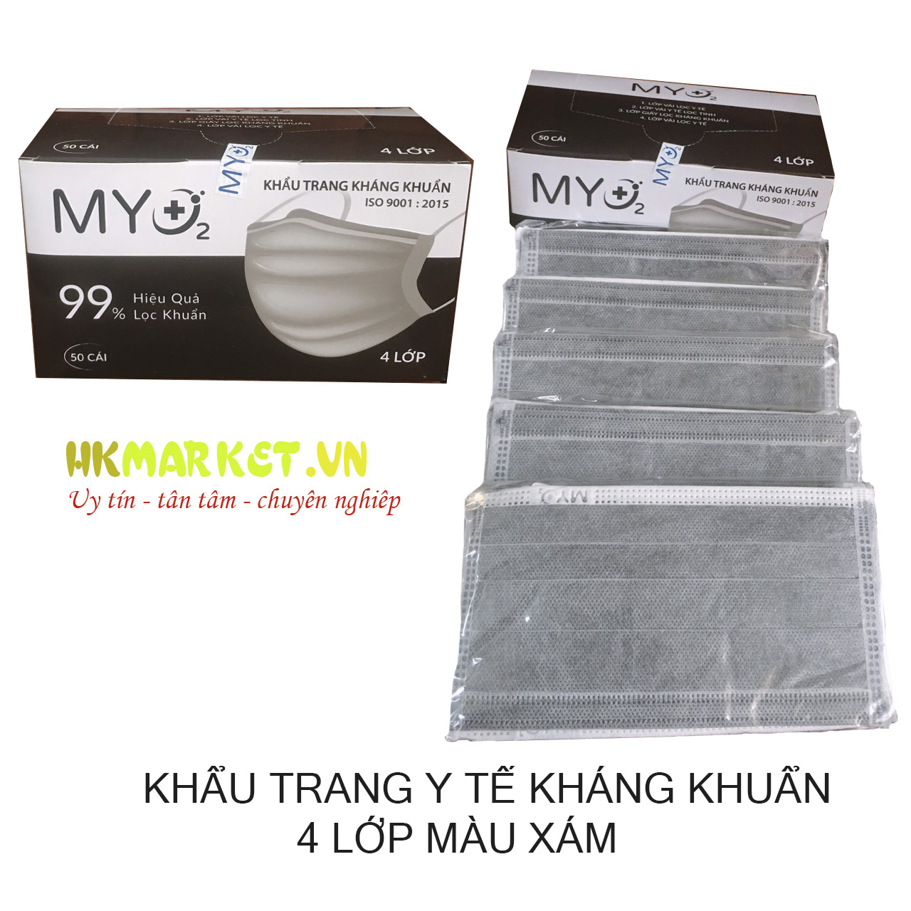 [HCM] Hộp 50 Khẩu Trang Y Tế 4 Lớp MyO2 Kháng Khuẩn Than Hoạt Tính Màu Xám