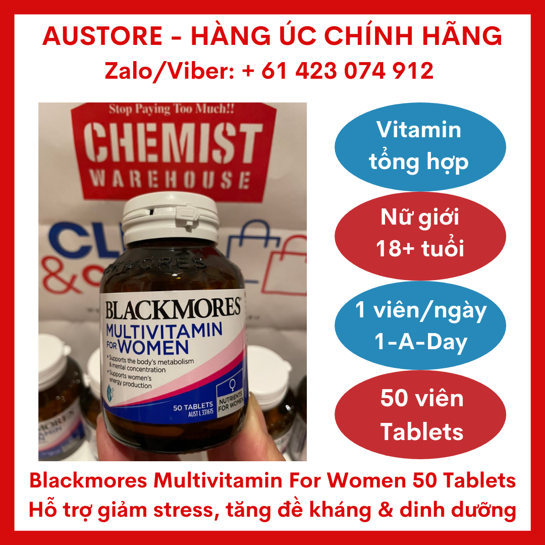 [Bill Úc, Date mới] Blackmores Multivitamin for Women 50 Tablets - Vitamin tổng hợp Blackmore cho nữ giới, giúp bổ sung vitamin & khoáng chất với liều dùng 1 viên/ngày