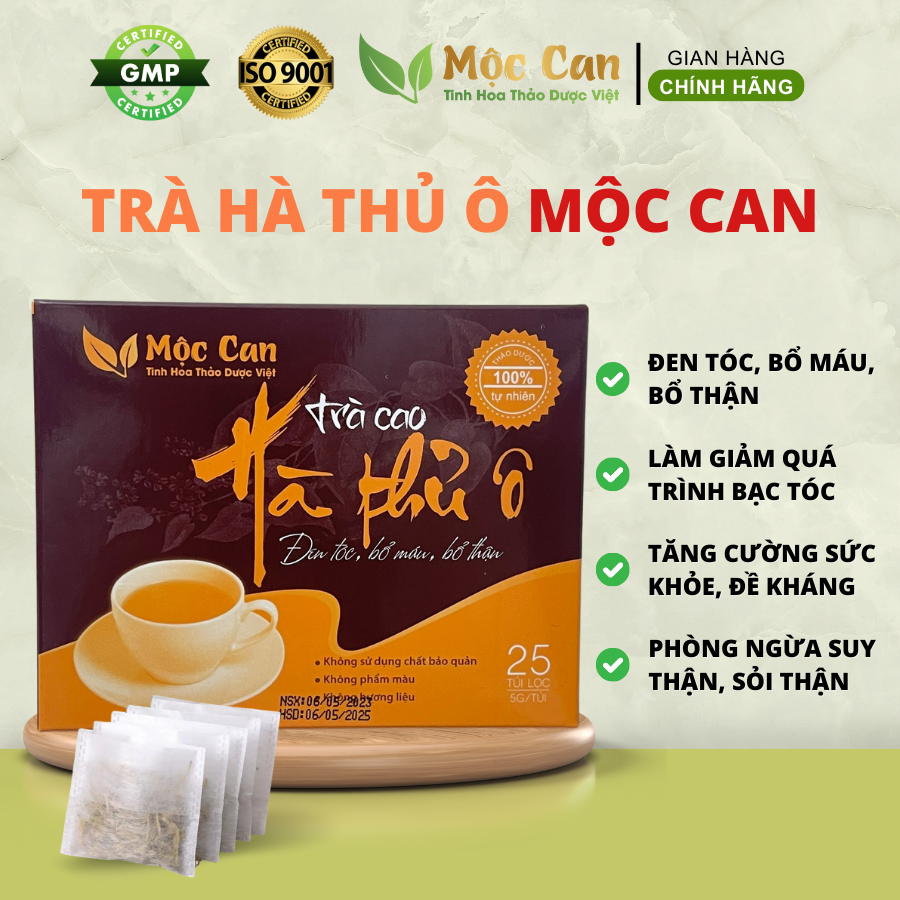 Trà Cao Hà Thủ Ô, hết rụng tóc, ngừa bạc tóc, giảm tình trạng suy nhược cơ thể thiếu máu mất ngủ hộp 25 túi lọc
