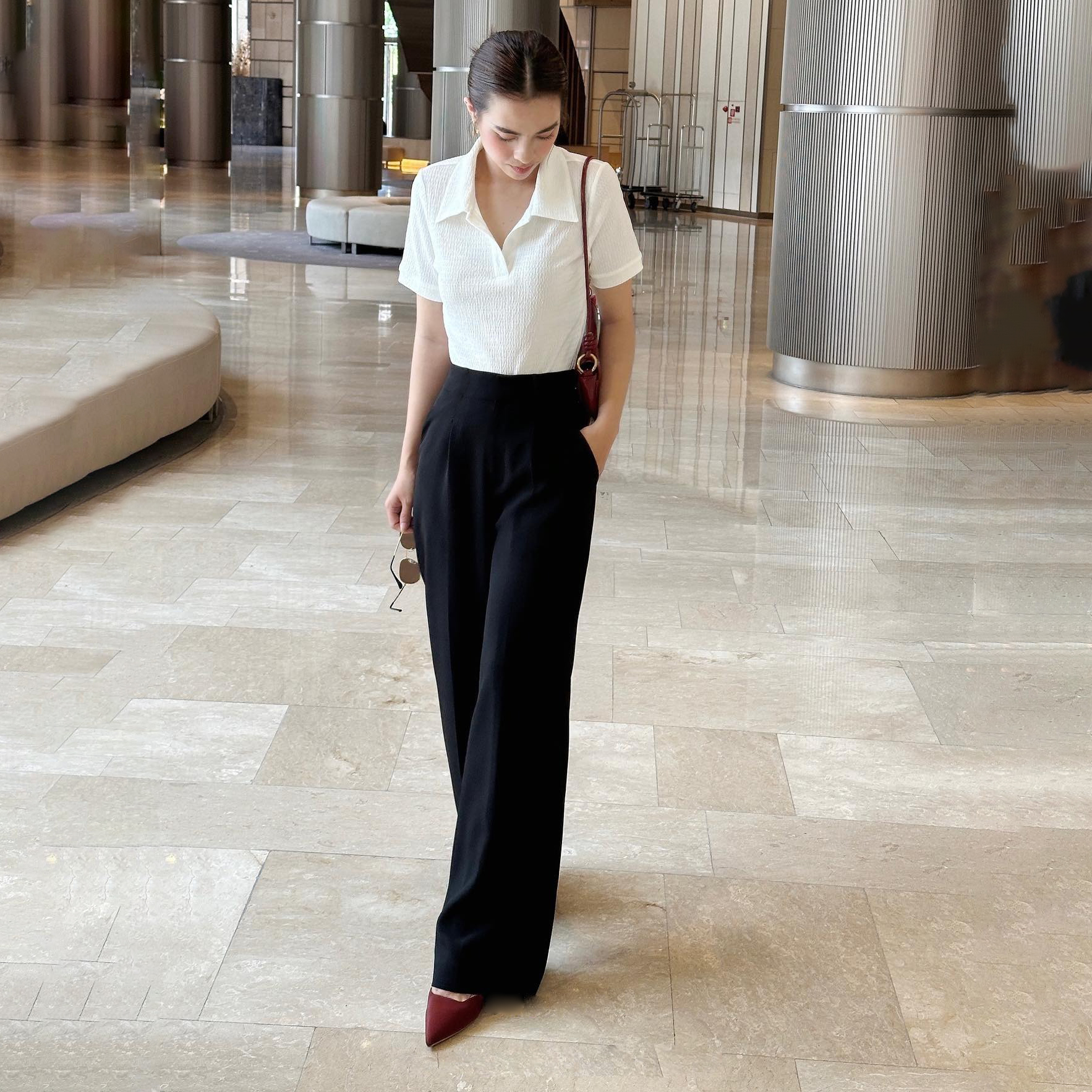 Quần tây dài màu đen ống suông basic cạp cao phong cách đơn giản, quần tây nữ cao cấp